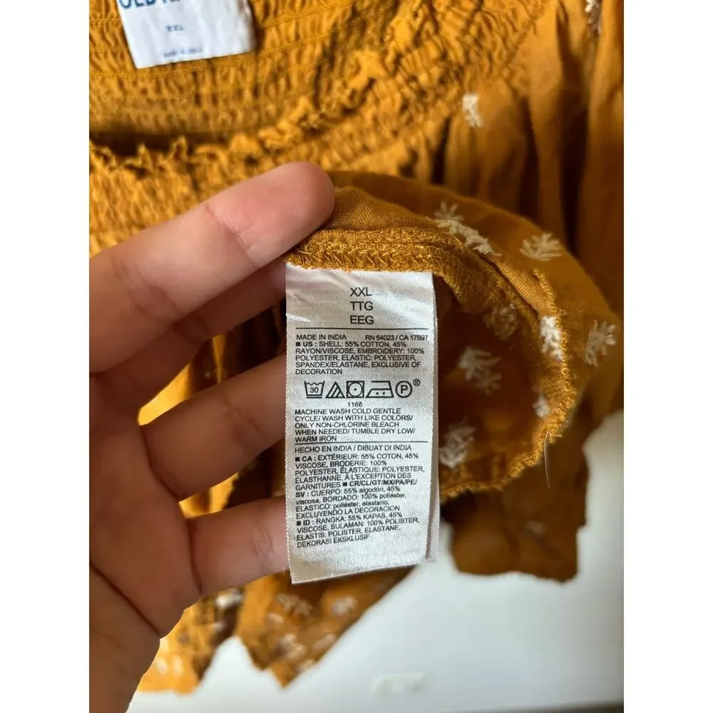 Old Navy Gold Puff Sleeve Smocked Embroidered Babydoll Blouse Plus Size XXL